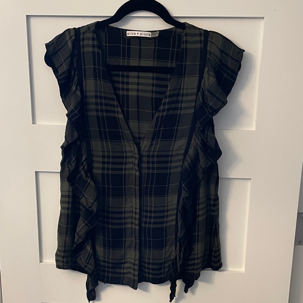Alice + Olivia Plaid Ruffle Sleeve Top - Black and Green